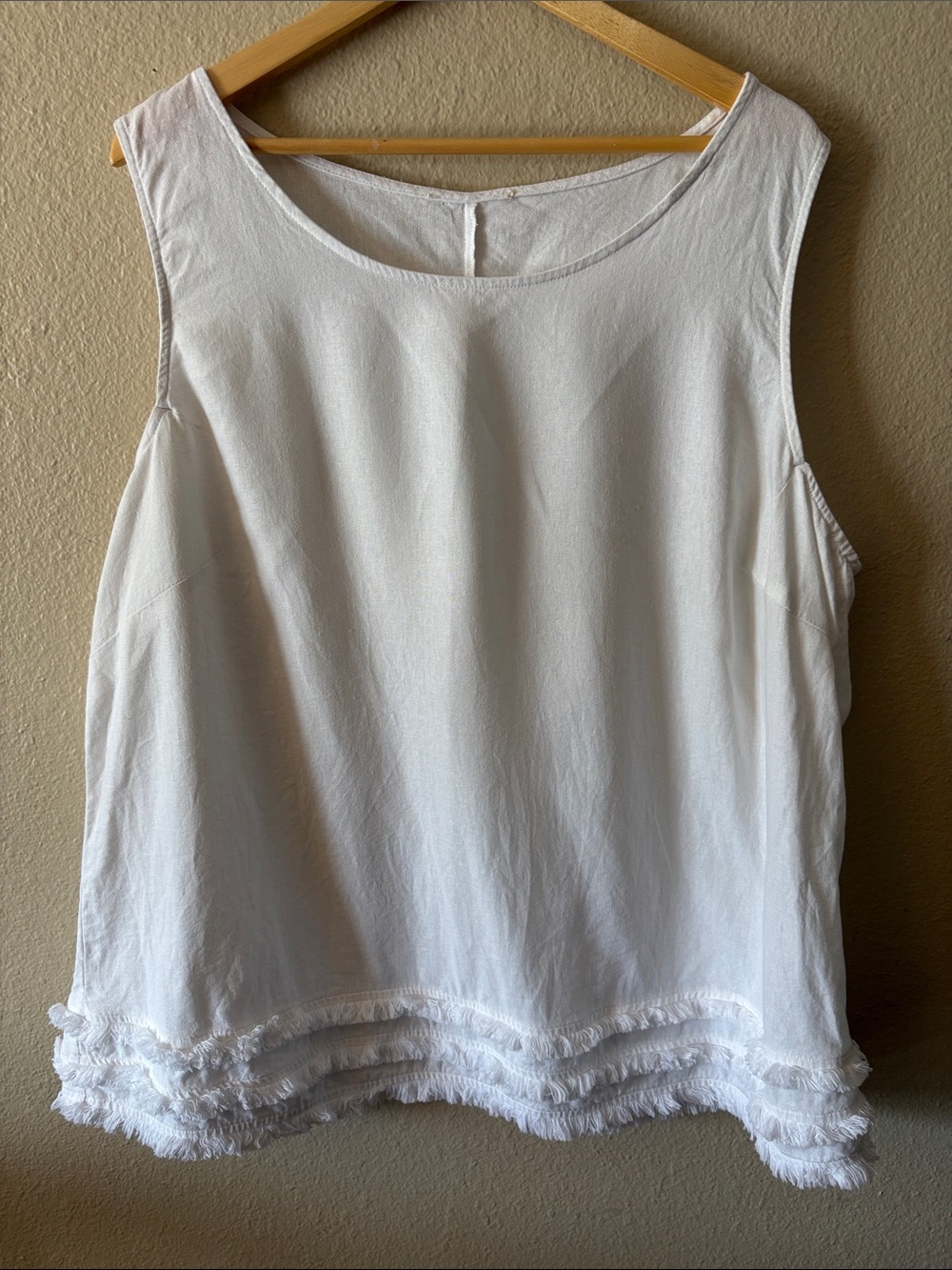 White Linen Blend Tank Top Plus Size Layered Fringe Hem Lagenlook Sleeveless